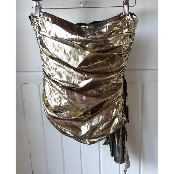Vintage Helene Sidel Top 10 Gold Metallic Ruched Strapless Party 90s Retro Glam - Picture 4 of 11